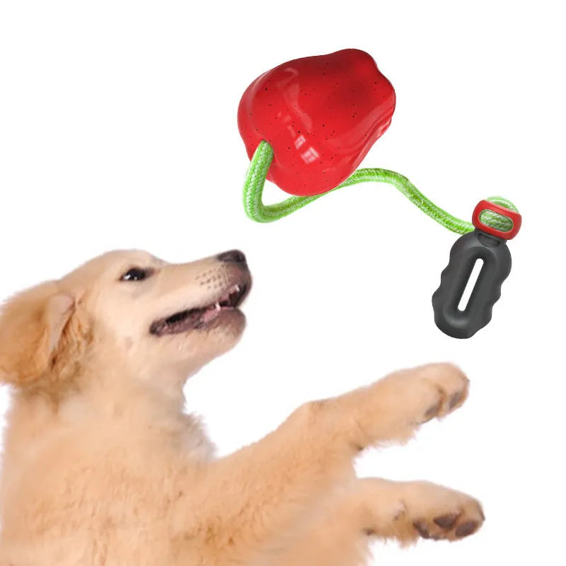 Green plastic apple-shaped dog toy with food dispensing openings for interactive feeding games