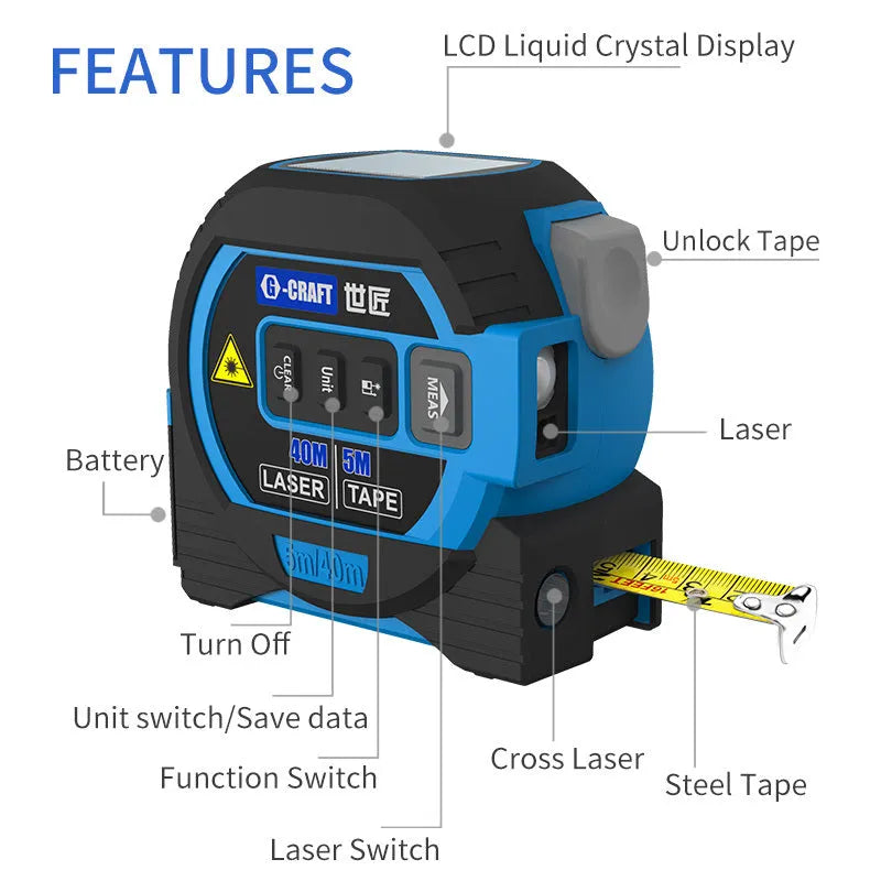 3 in 1 laser tape measure rangefinder with 5m tape ruler in blue for construction and DIY use