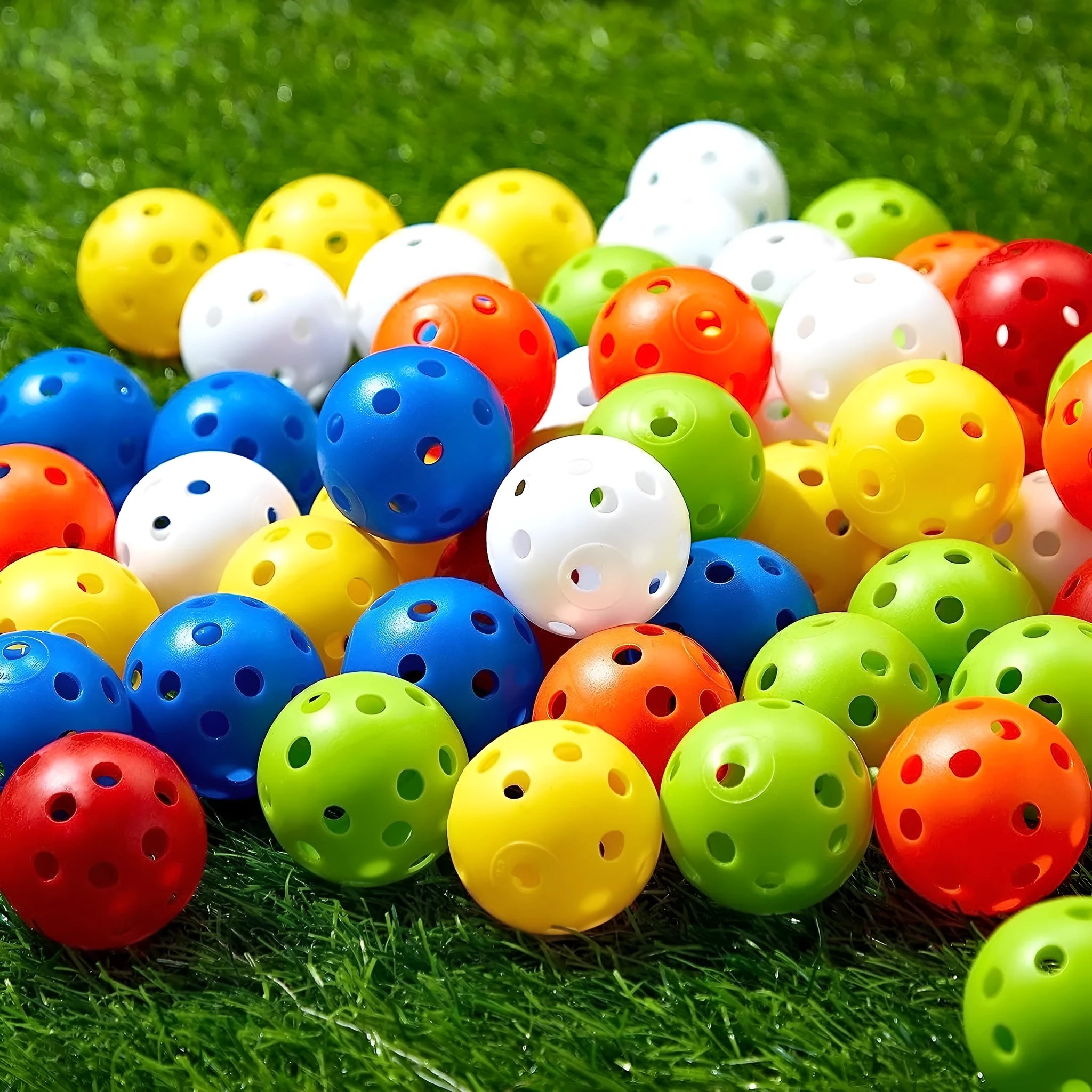 Multi-colour golf practice balls with 26-hole target design on green surface