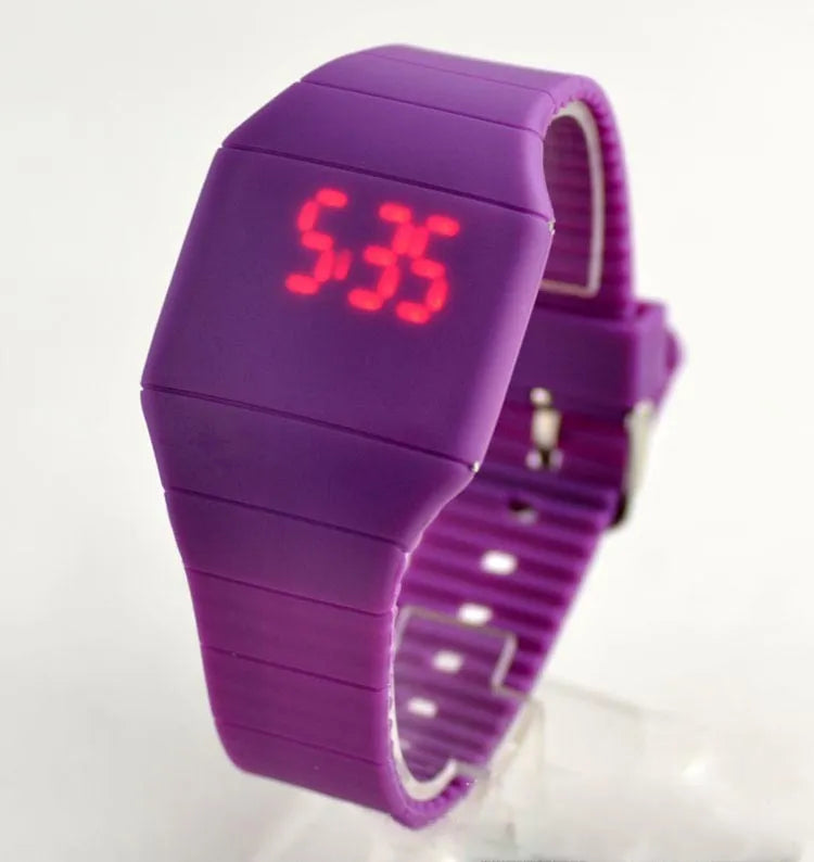 Square digital touch screen watch with plastic case, calendar display, and multiple colour strap options