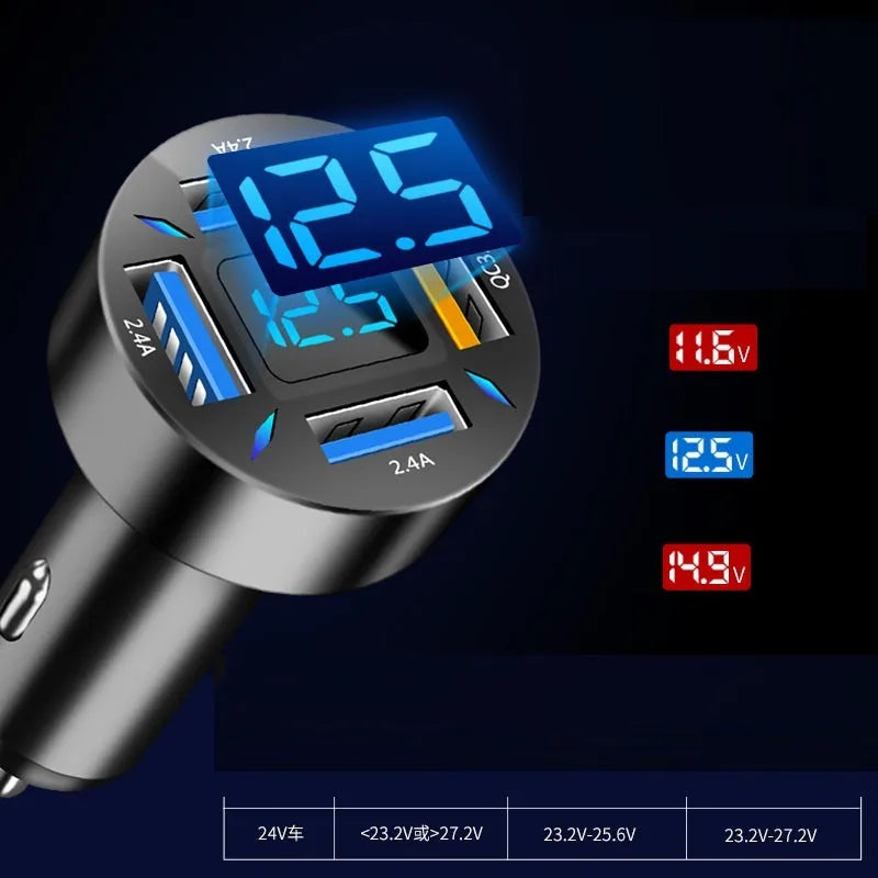 Black four-port USB car charger with LED digital display plugged into a car power outlet.