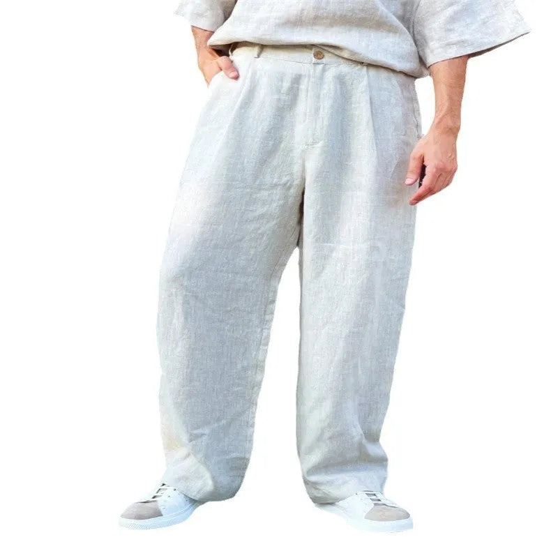 Men's loose fit high waist linen blend casual trousers in olive colour