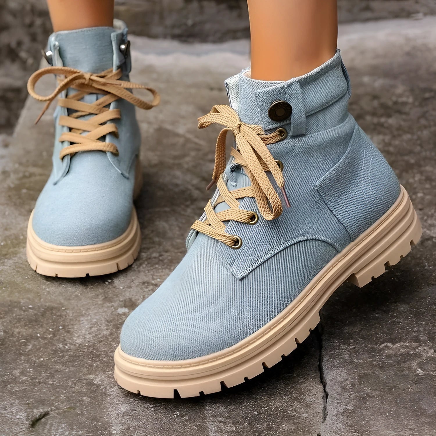 Lace-up denim ankle boots women platform cowboy boots flat heel round toe PU rubber sole autumn winter