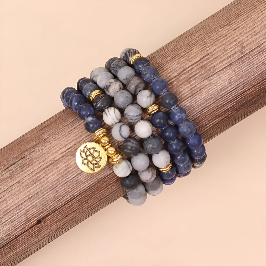 Blue patterned network stone bead multi layer bracelet with adjustable alloy clasp