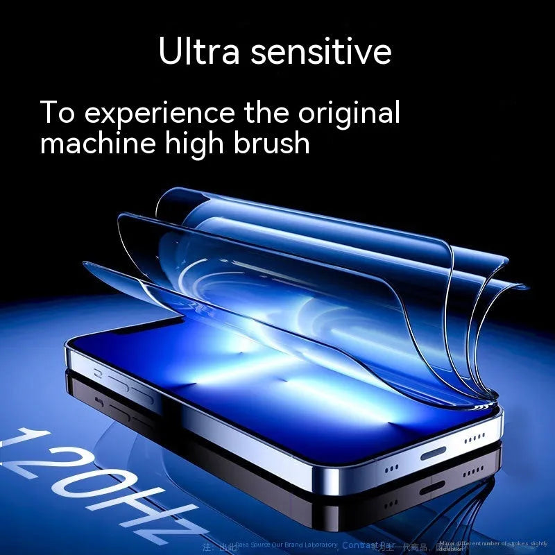 iPhone tempered glass screen protector with anti-fingerprint and anti-blue light features, shown with dustproof application net.