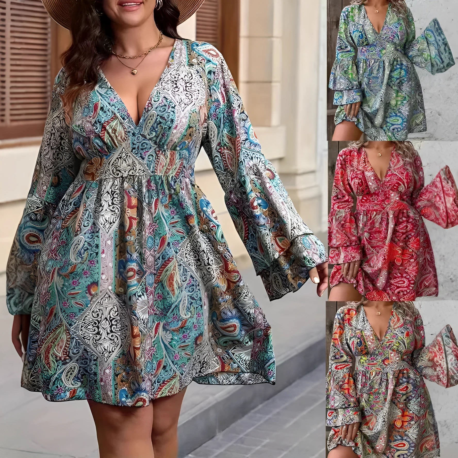 Plus size bohemian bell sleeve dress in V-neck A-line retro style for adult women