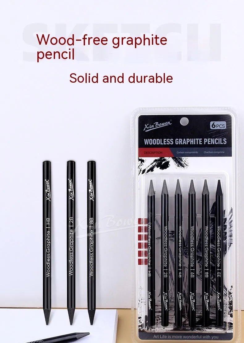 Wood-free graphite sketching pencils set showing six different hardness grades for art drawing