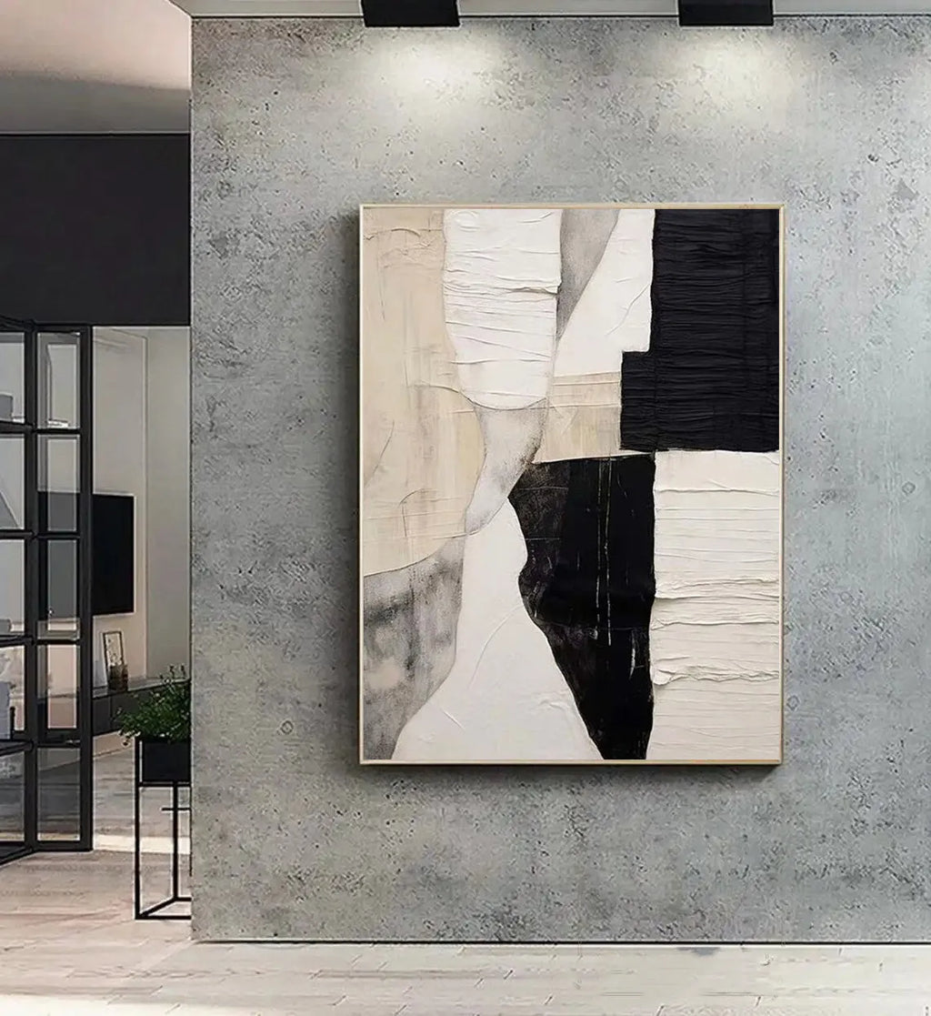 Handmade oil painting modern abstract black white texture minimalist canvas wall art rolled frameless