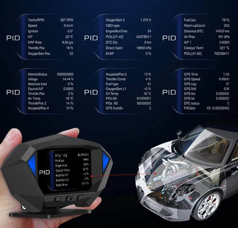 P1 black HD LCD vehicle head-up display unit with OBD cable on a car dashboard.