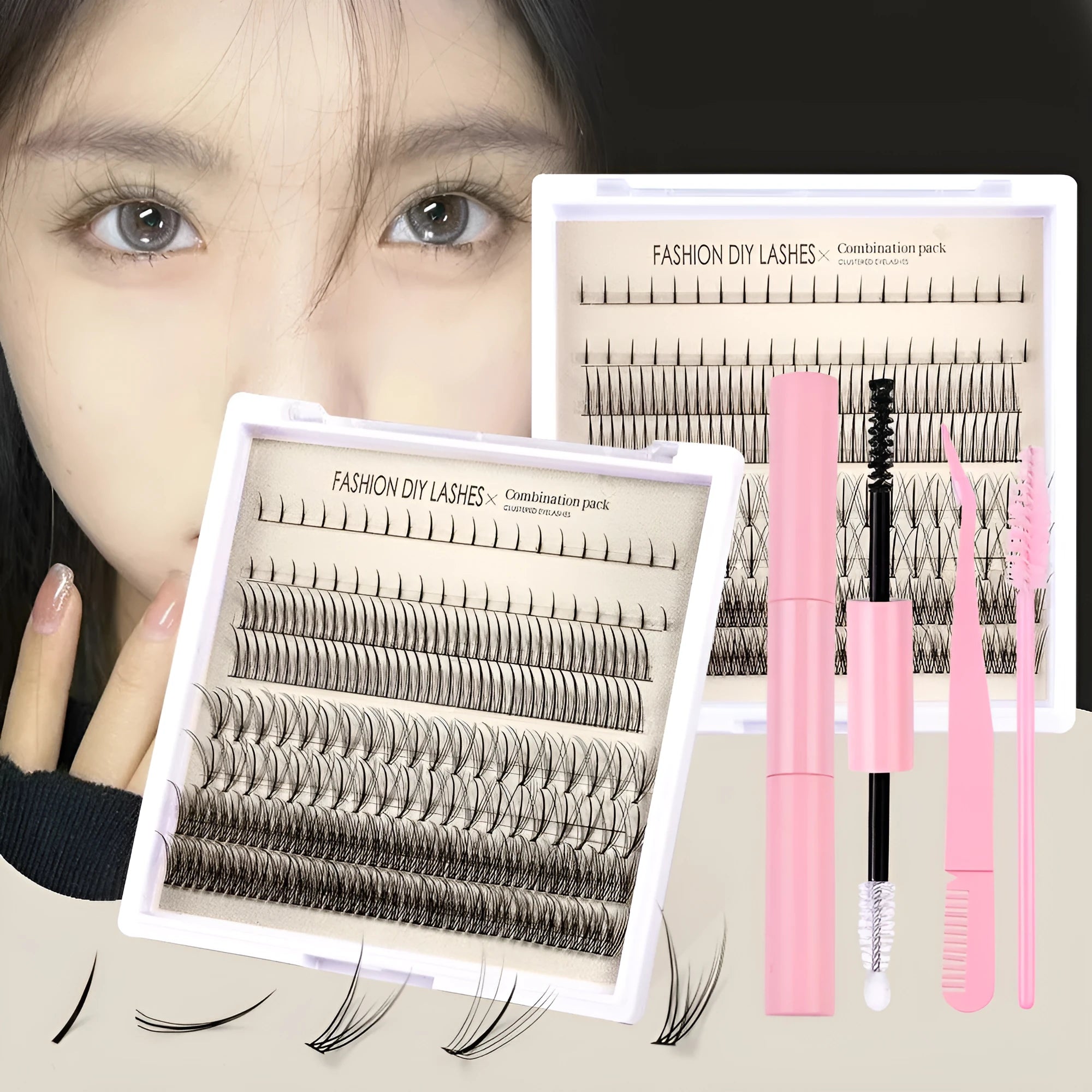 DIY false eyelash glue suit showing single-cluster artificial fibre lashes and adhesive tweezers brush tools on a pink background.