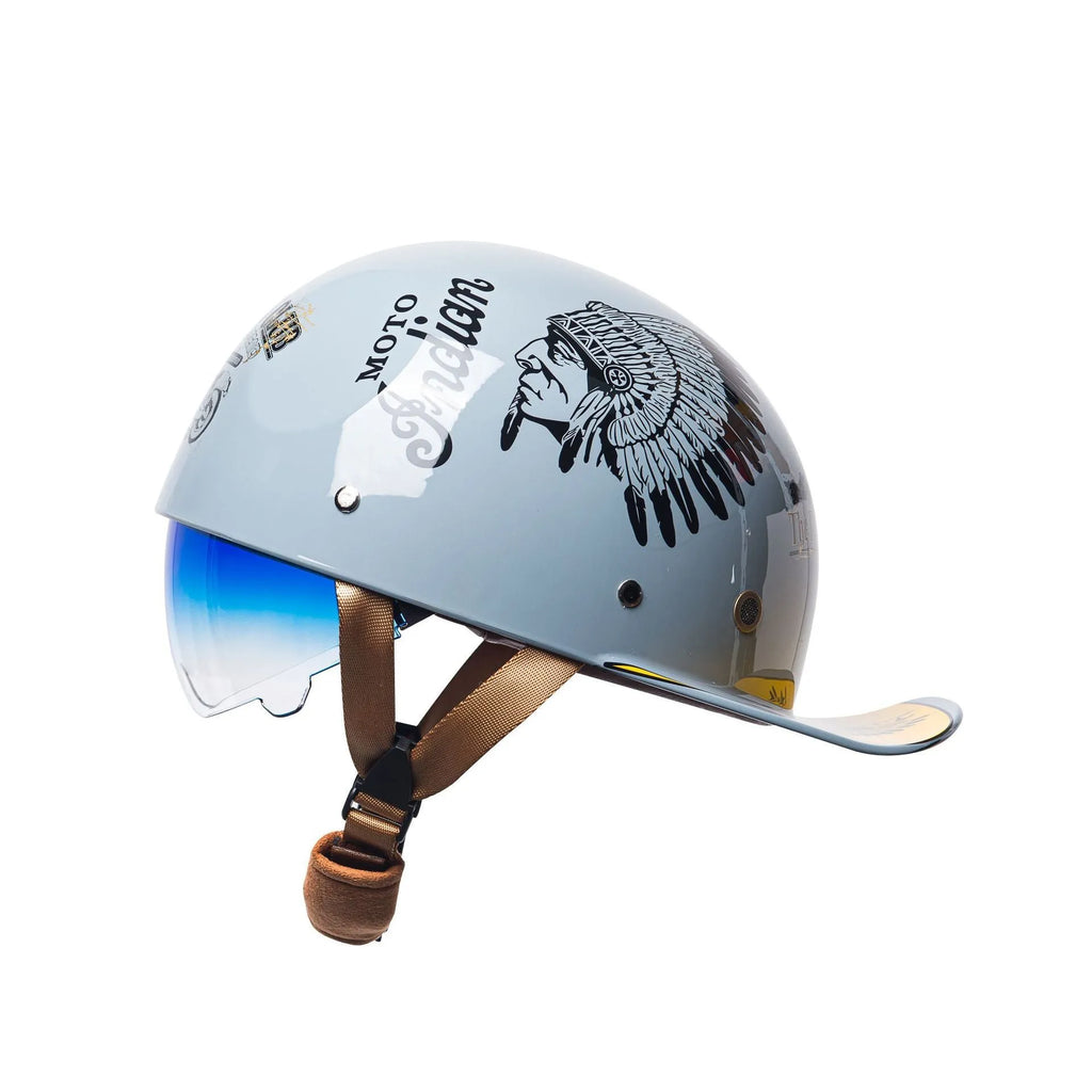 Men's retro half-shell bicycle helmet in black with a gradient blue lens, shown from the side.