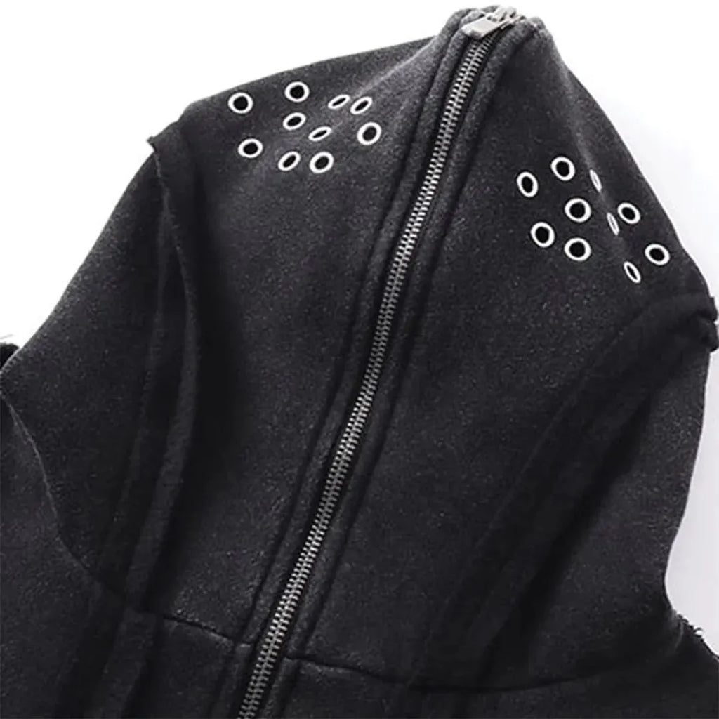 Black men's retro-style loose hooded cardigan coat with zip front and padding