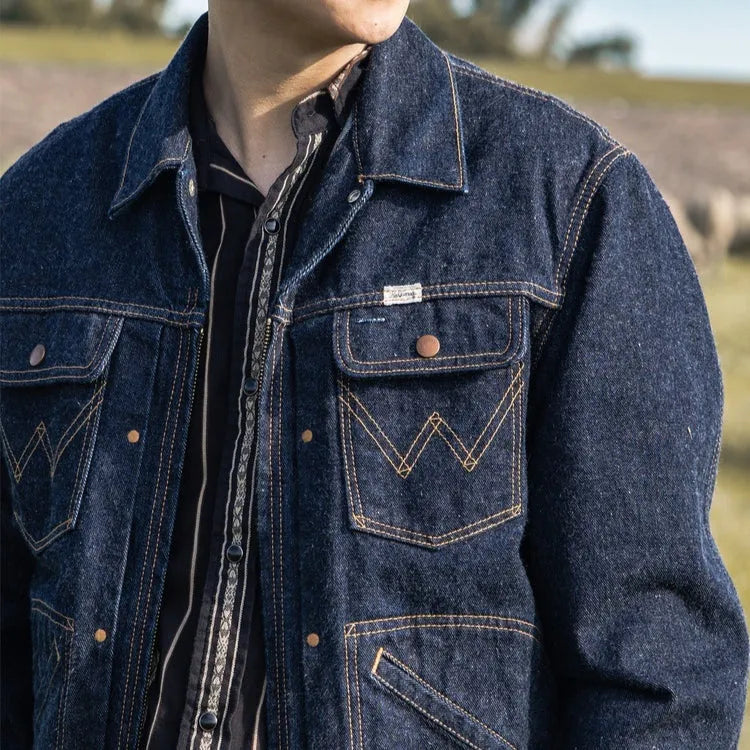 Men's denim coat American retro jacket 100% cotton lapel 60s primary colour depulp front view