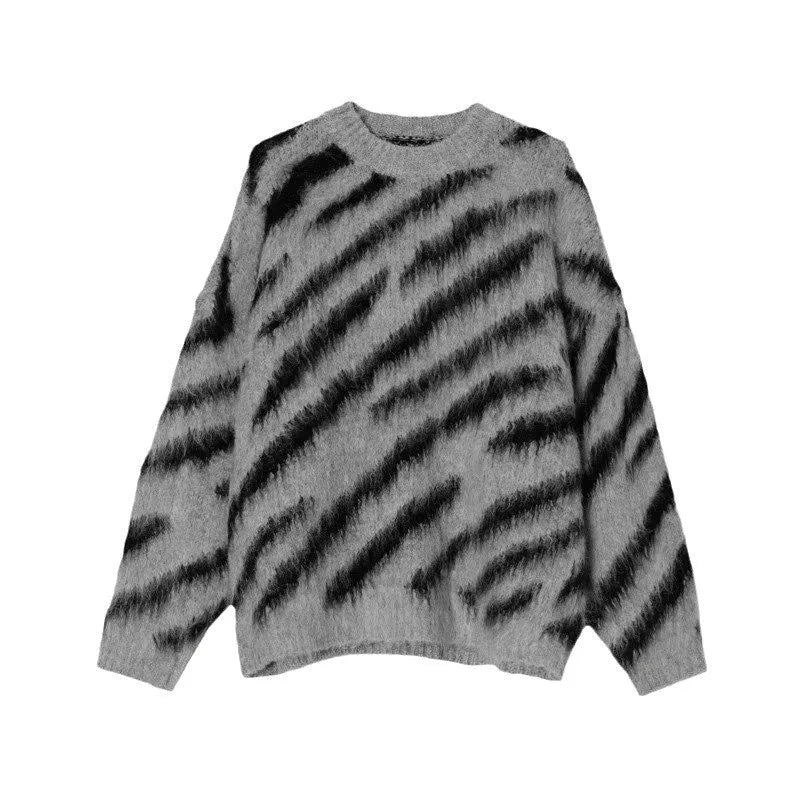 Zebra stripe retro cardigan men's loose knit sweater in cotton blend, gray colour, long sleeves