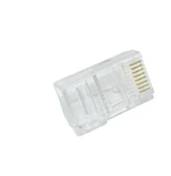White RJ45 network modular plug showing gold-plated three-fork contacts and all-copper insert construction