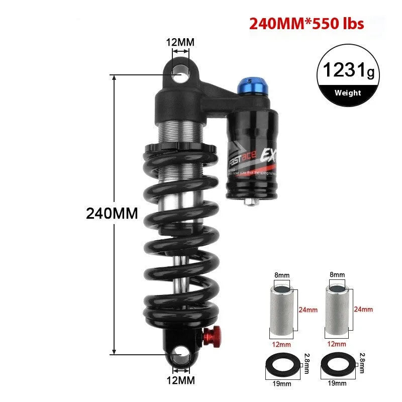 Red aluminium spring shock absorber for mountain bike with adjustable settings and 550lb rating