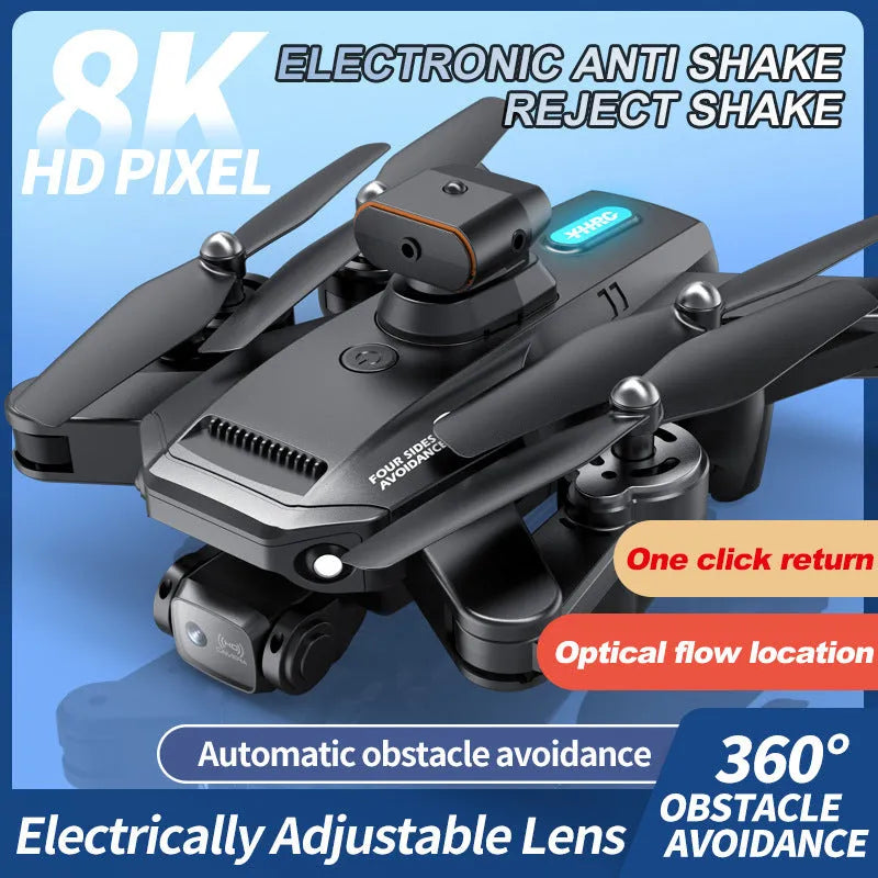 Black quadcopter drone with 8K electric modulation lens and transparent propeller guards against white background