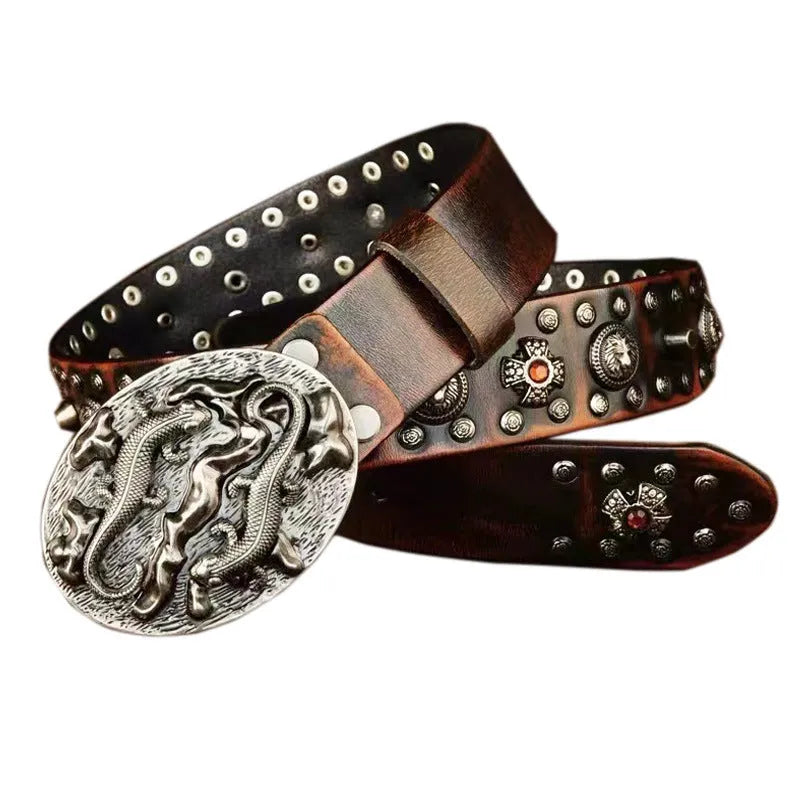 Men's black leather belt with a silver alloy buckle featuring punk-style rivet detailing