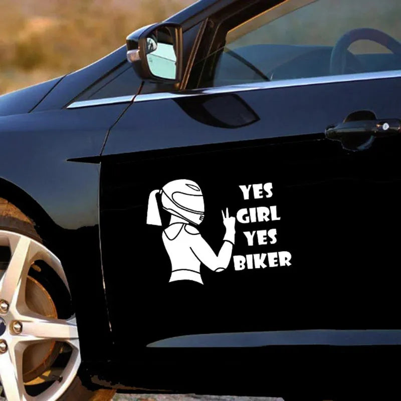 Cool girl rider character design on a black, white, and laser coloured car waterproof sticker measuring 16cm by 15cm.