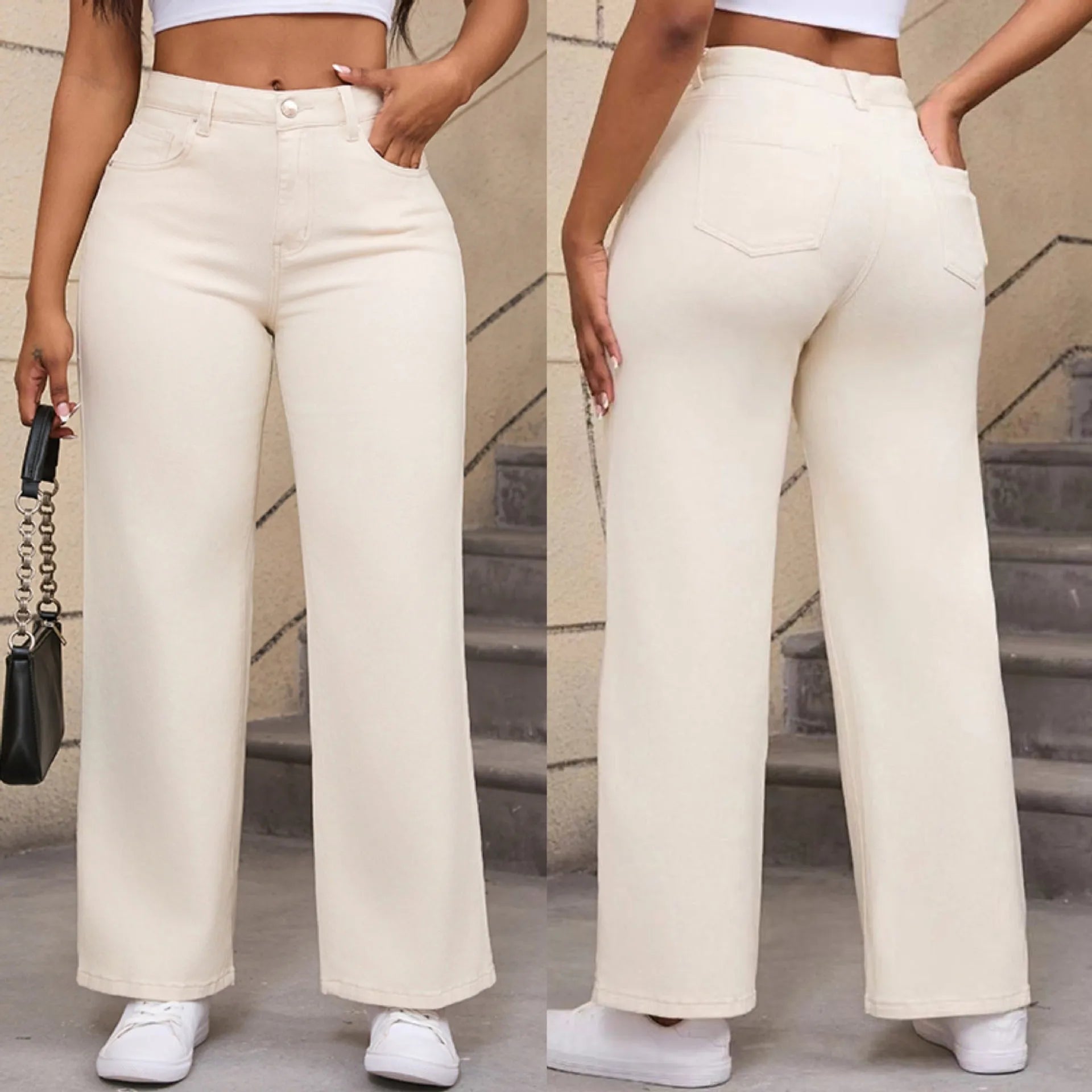 Women's apricot and khaki coloured straight-leg wide jeans with high waist for autumn.