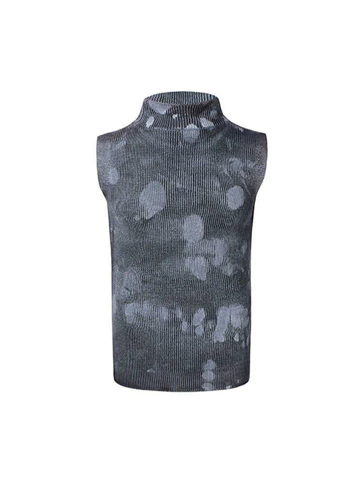 Men's black and silver pastebrushing wool sleeveless vest with a stand turtleneck collar.
