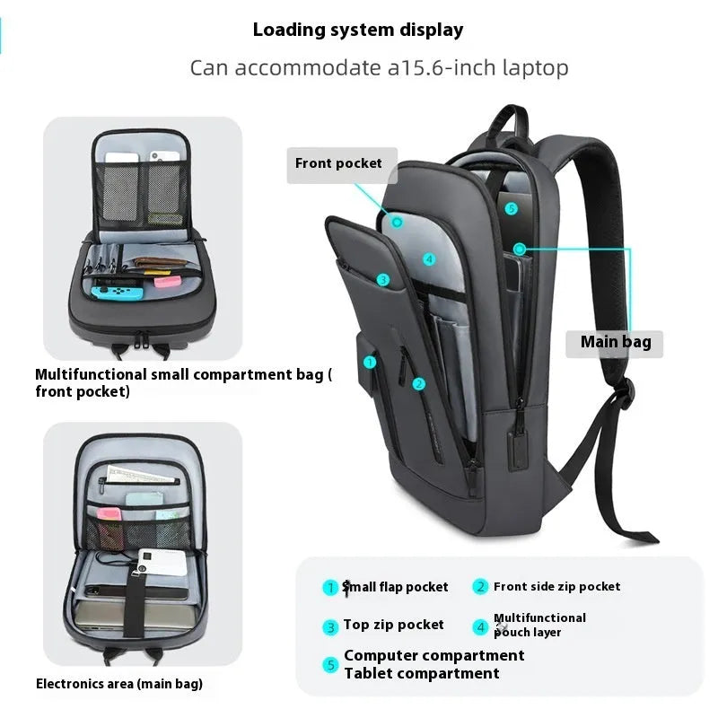 Lightweight Oxford cloth men's backpack in dark gray with sewing line detailing and thin profile