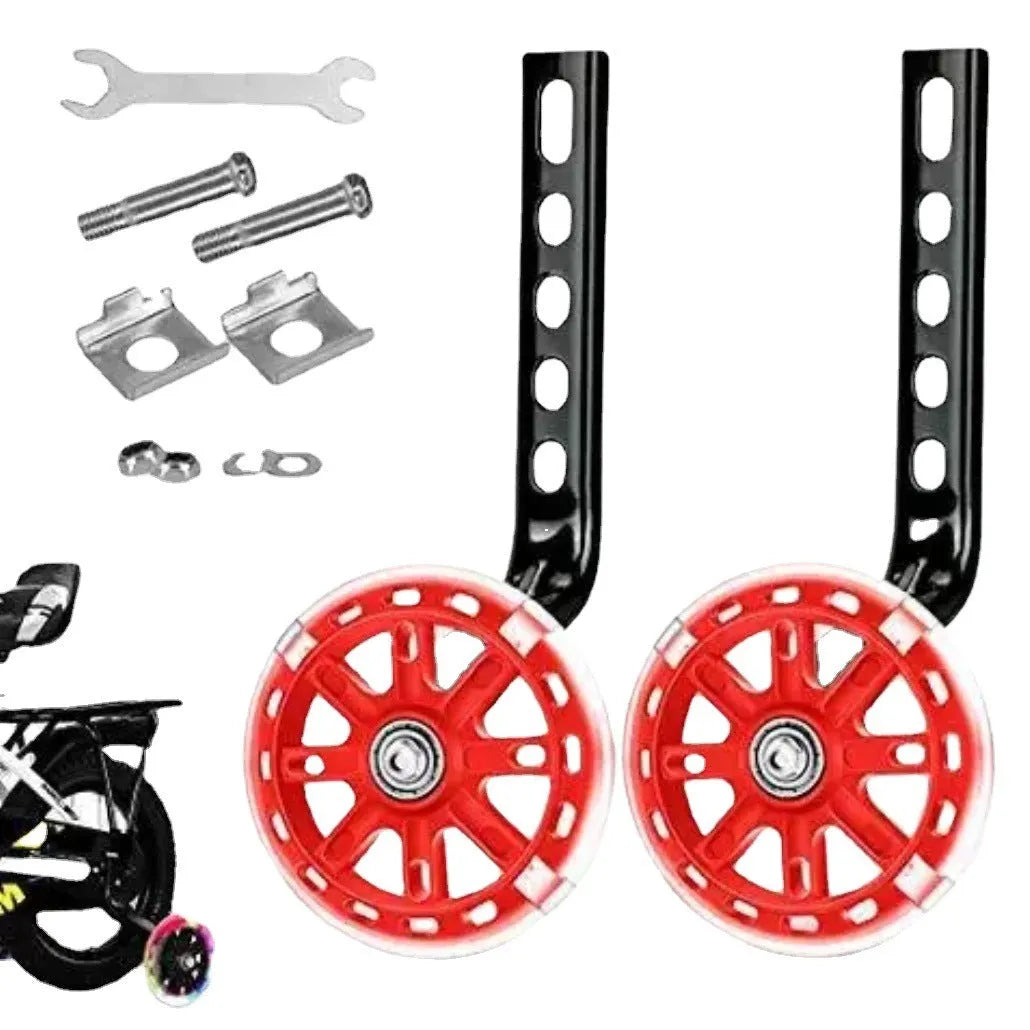 Set of children's bicycle training wheels with vertical brackets, available in multiple colours.