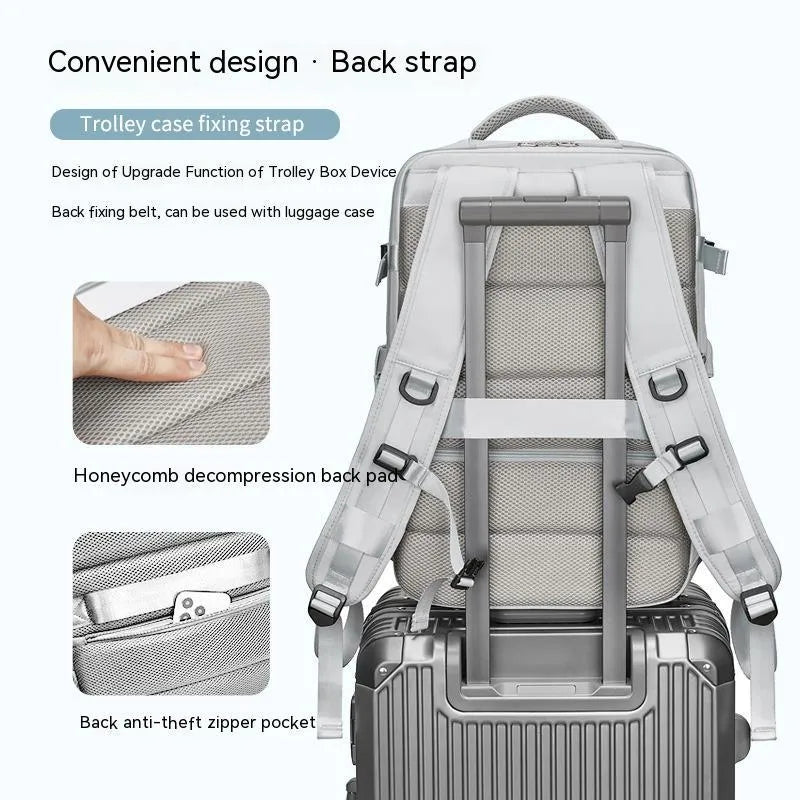 18 inch nylon expansion backpack with dry wet separation, curved shoulder straps and 30x20x46cm dimensions