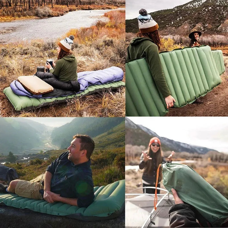 Portable inflatable camping mattress expanded to 195cm × 70cm × 10cm dimensions in desert gray colour