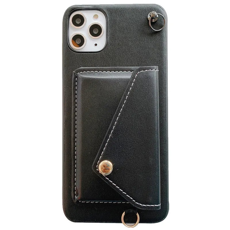 Imitation leather crossbody phone case with card holder and lanyard, embossed 3D design, in khaki, blue, red, or black.