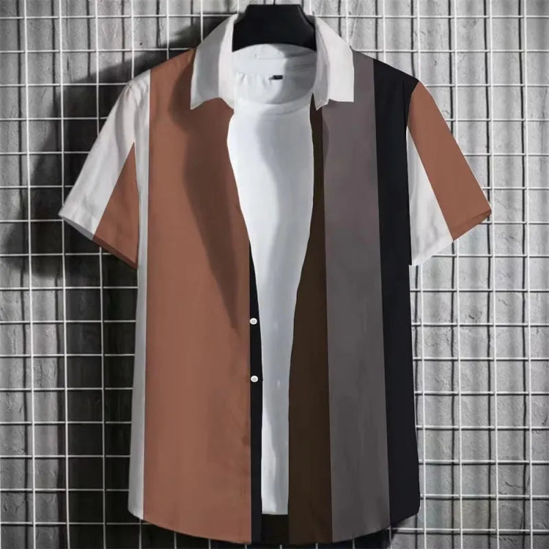 Men's linen blend short sleeve t-shirt with a colourful 3D striped print, shown in a solid colour.