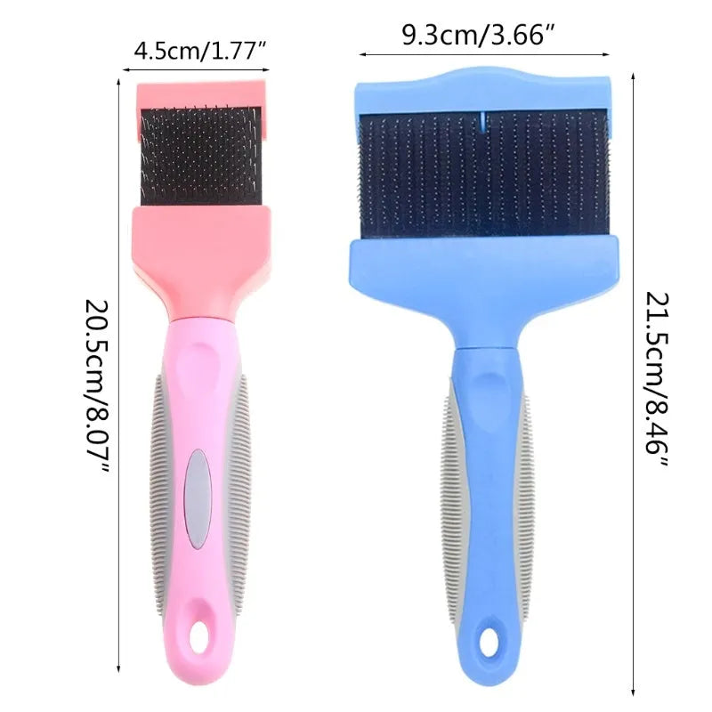 Double-sided pet grooming brush with stainless steel pins and flexible rubber backing in blue colour