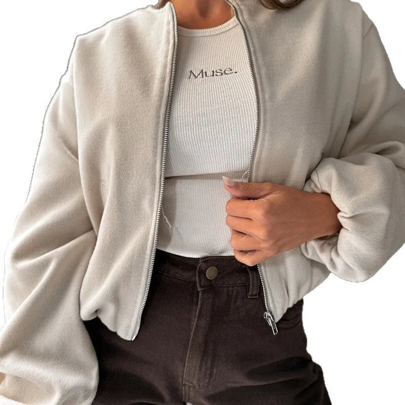 Women's off-shoulder short coat with lantern sleeves in brown colour