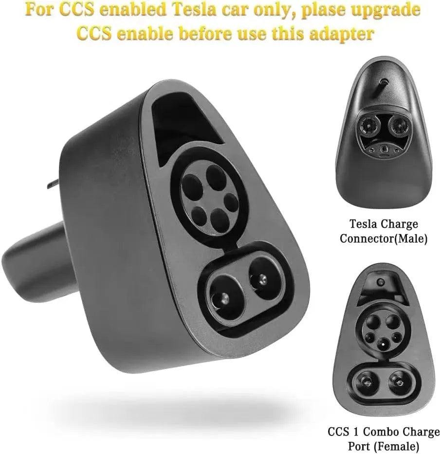 Black Tesla charging plug conversion adapter with dimensions 195mm by 96mm by 67mm