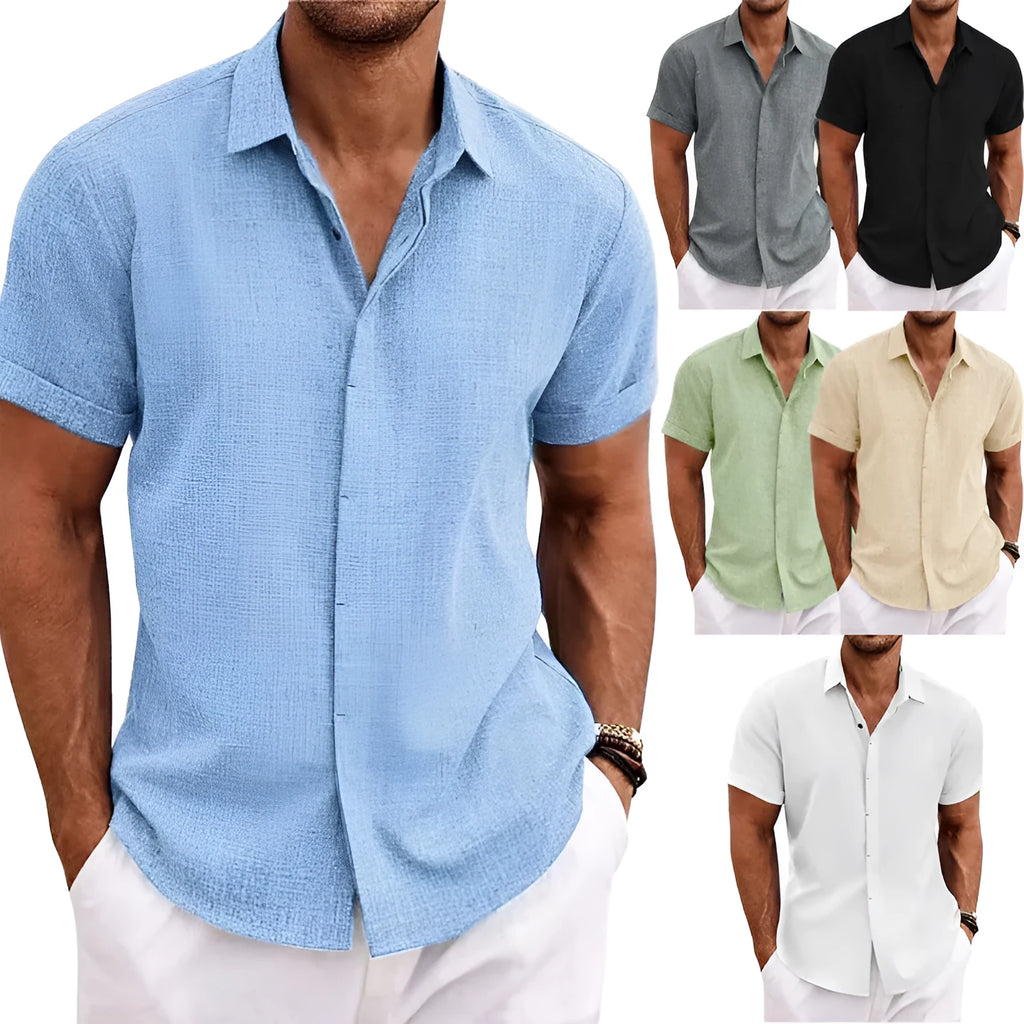 Men's loose short-sleeved solid colour polyester T-shirt with standing collar in apricot colour