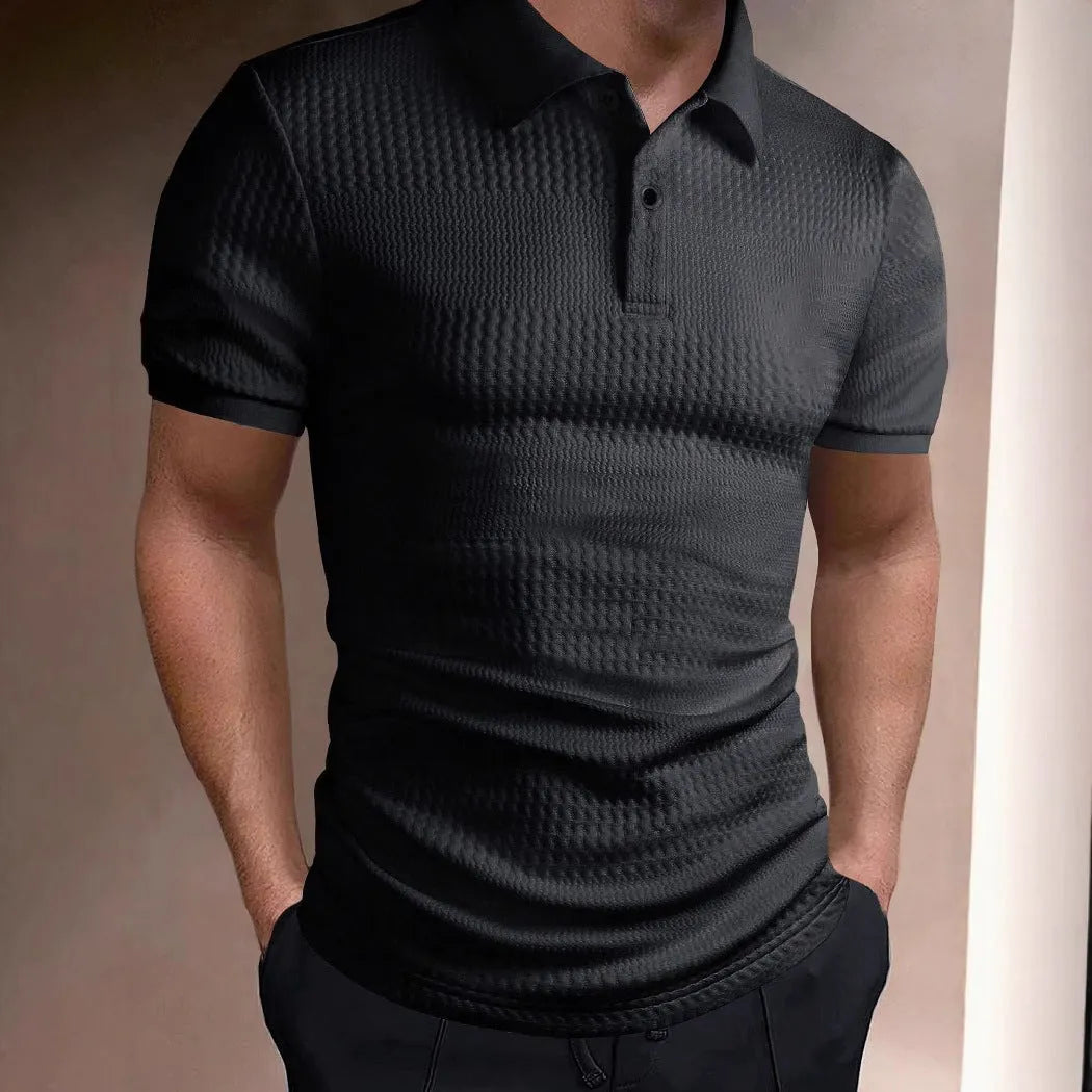 Men's striped polo shirt in light blue, loose fit, short sleeve, polyester blend fabric, summer casual top