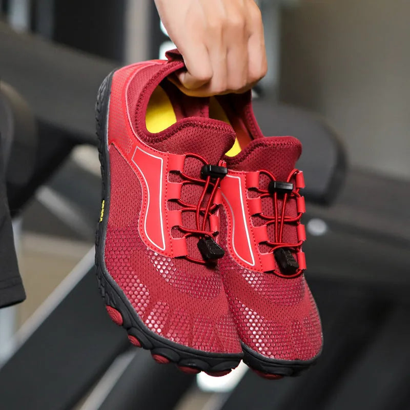 Upstream shoes with non-slip rubber sole, EVA midsole, four-sided elastic upper, low-top design in black, blue, white and black, or wine red