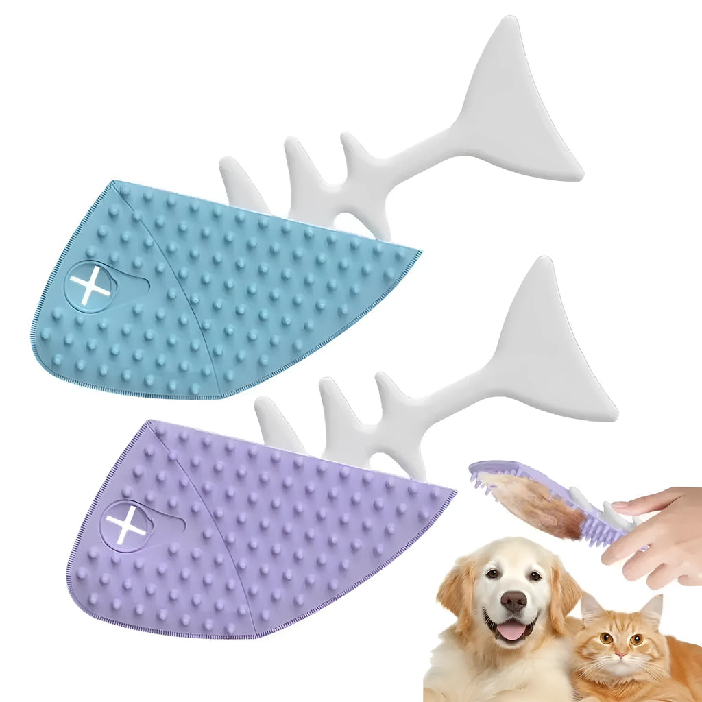 Fishbone-shaped cat brush for indoor pets, available in blue, gray, and purple colours
