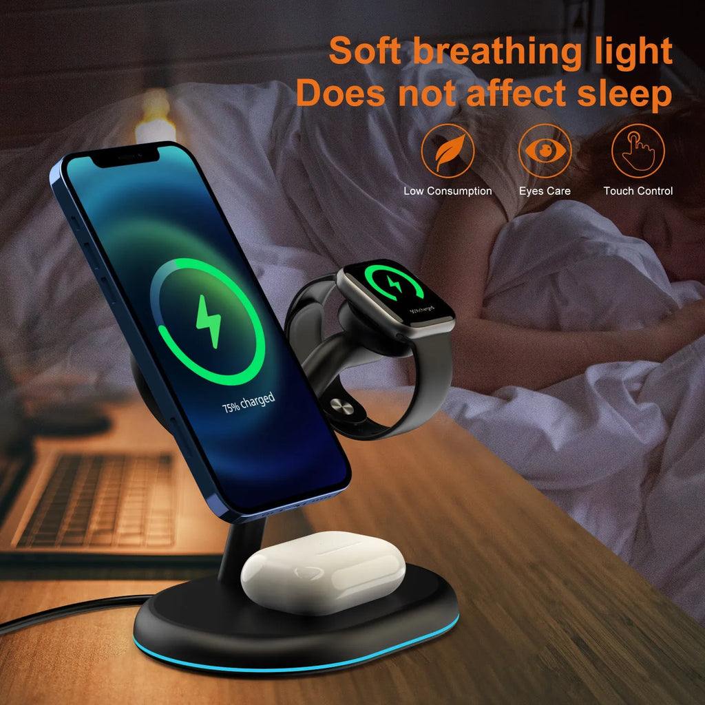 Black magnetic wireless charger with simple design on solid background