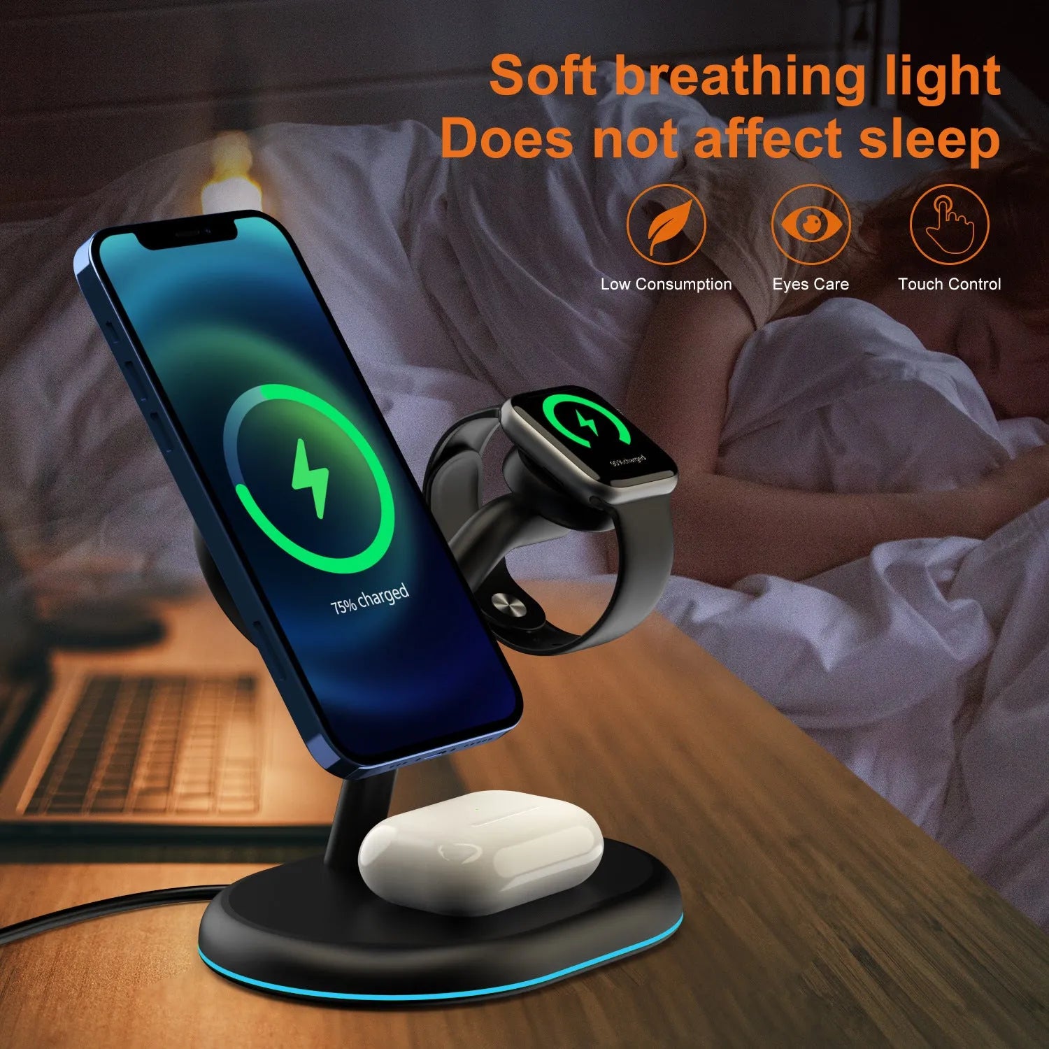 Black magnetic wireless charger with simple design on solid background