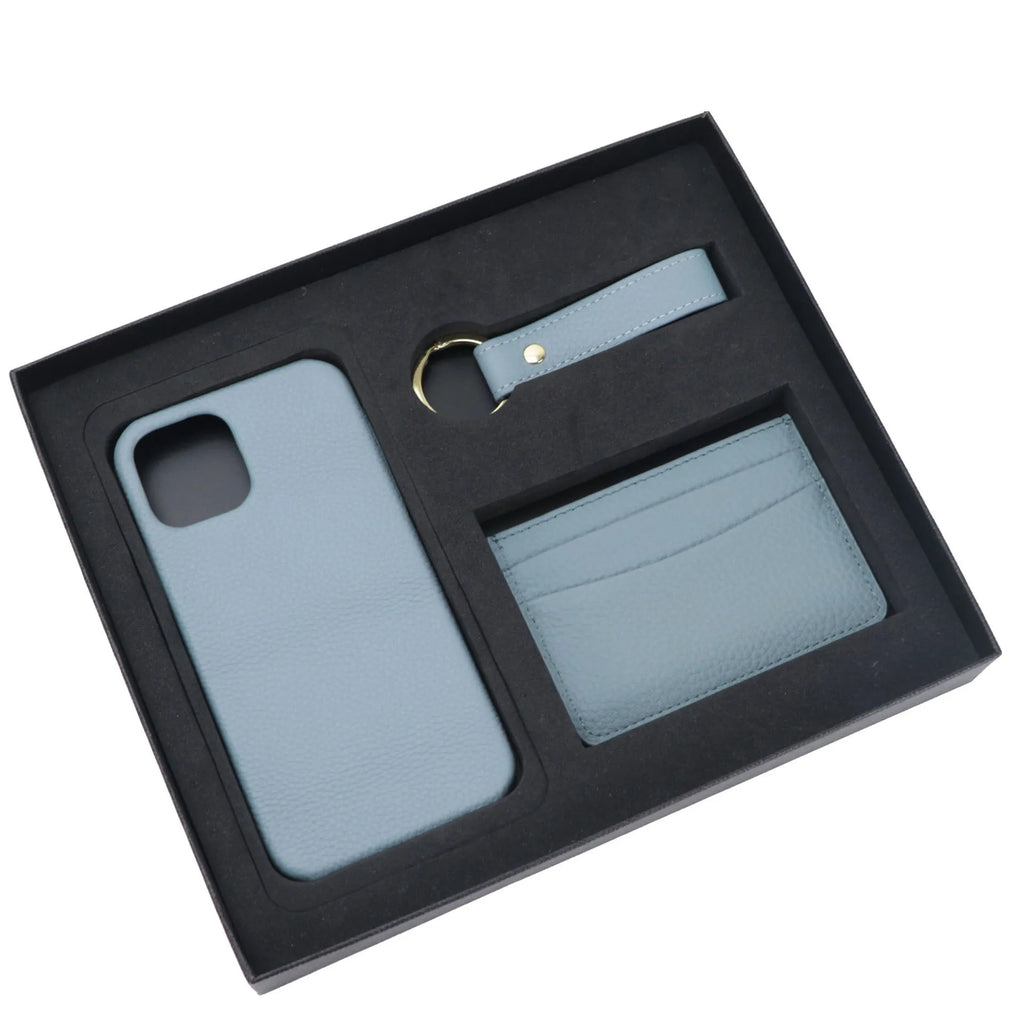 Genuine leather iPhone case, keychain and card holder gift set in black, brown, navy blue and other colours
