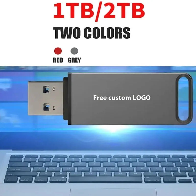 Customisable metal USB flash drive in black, red, or silver with high capacity options up to 16TB.