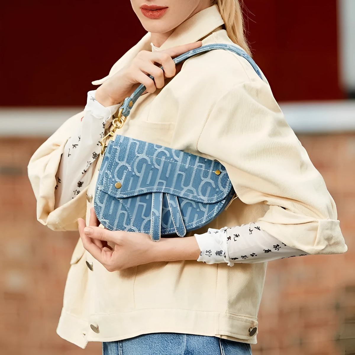 Women's vintage denim saddle bag in blue cross body bag with soft PU surface and zip pocket interior