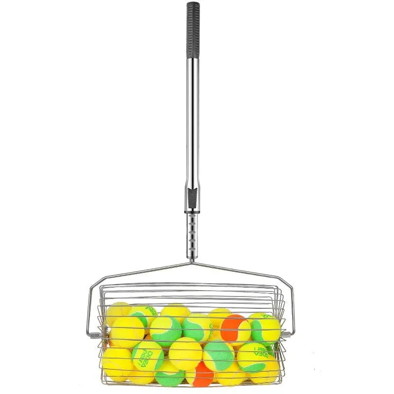 Stainless steel tennis ball picker with adjustable handle on a court.