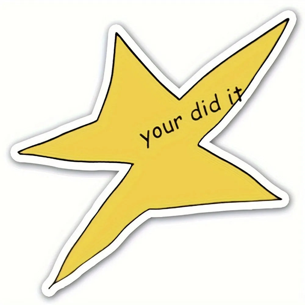 A square waterproof vinyl sticker with a funny facial expression, shown in two size options: 3.5 inches and 7 inches.