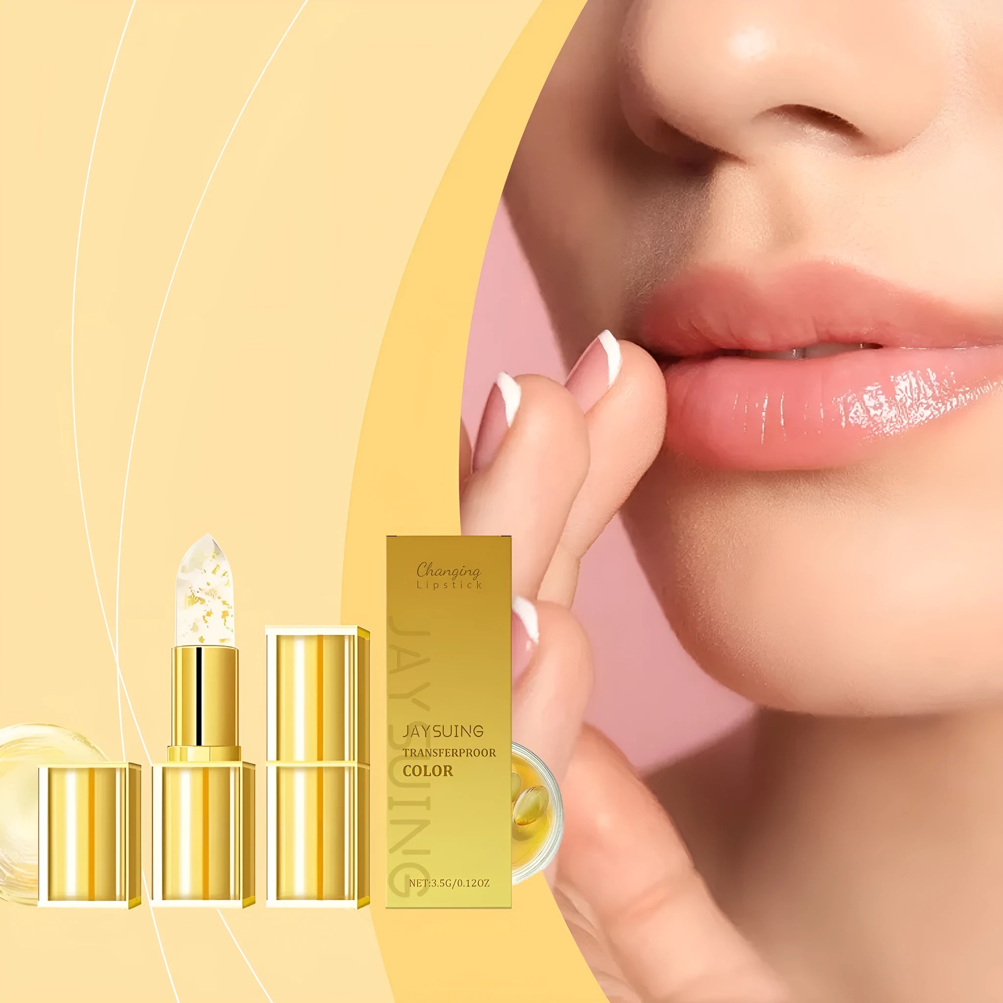 Gold foil nourishing lipstick in 2.6cm square packaging with 3.5g content