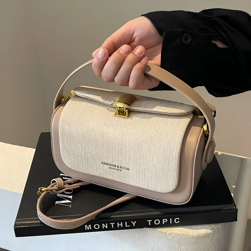 Women's square PU messenger bag in beige with contrast stitching and a single shoulder strap.
