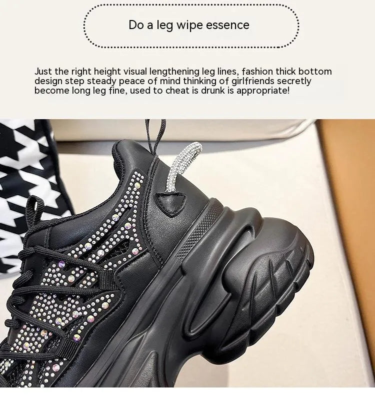 Women's mesh breathable platform sneakers in black, low-top lace-up design with mid heel