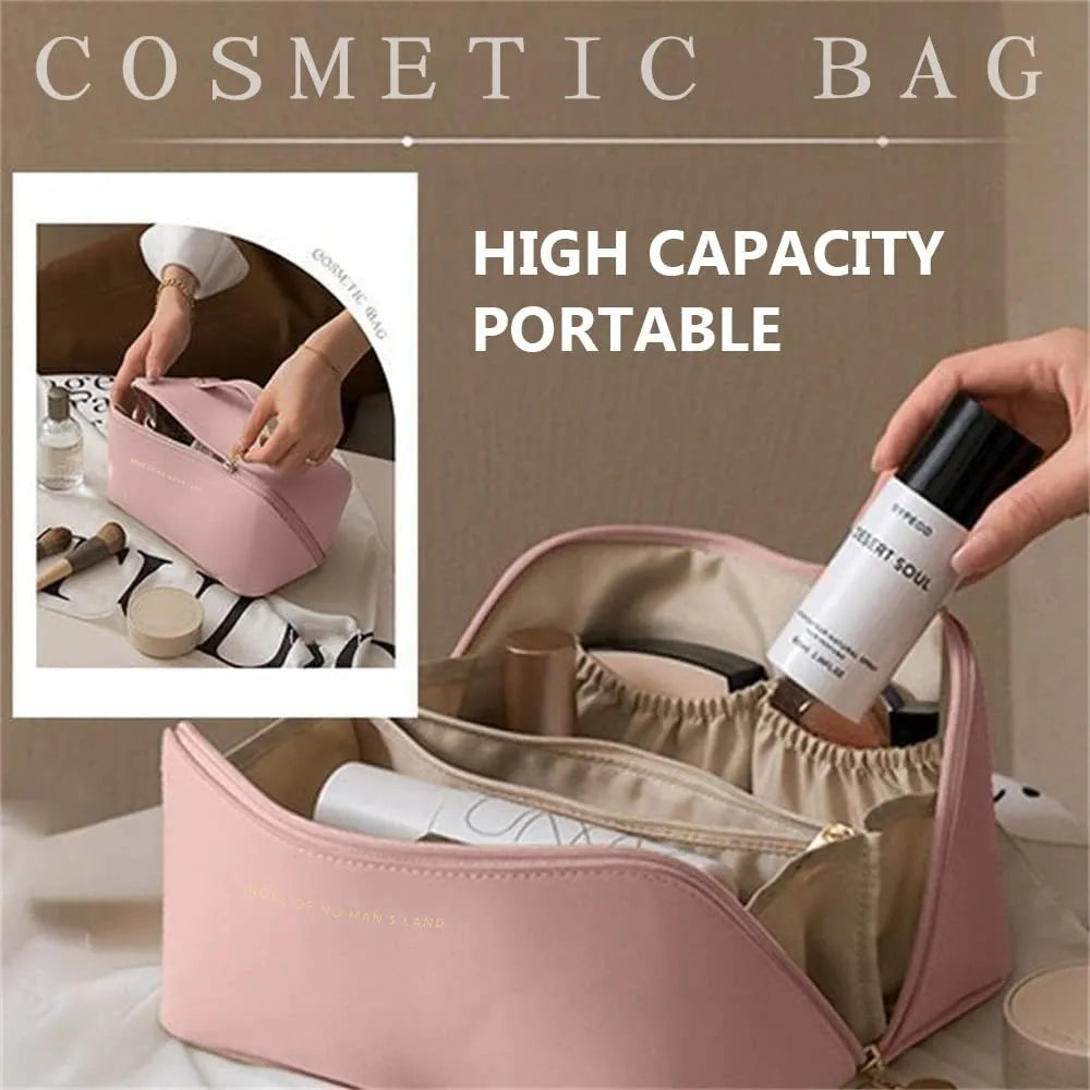 PU leather travel cosmetic bag with steel wire opening, 23.5x11x10.5cm, in rose pink.