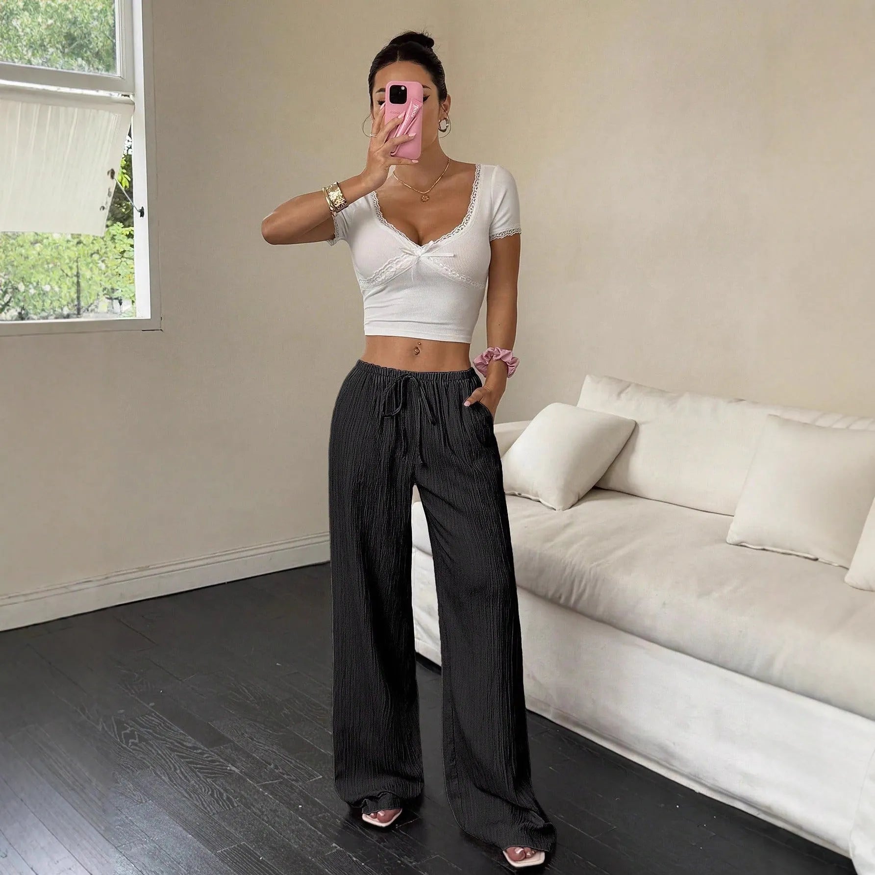 Women's wide leg trousers with lace-up waist trimming in polyester fabric